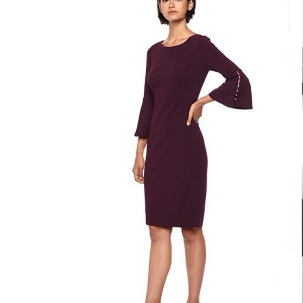 Calvin Klein Purple 3/4 Bell Sleeve White Faux Pearls Trim Sheath Dress‎ Size 4